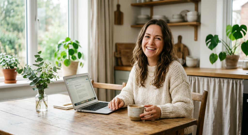 Evelin, Bloggerin bei familien-test.de, sitzt mit Kaffee am Küchentisch