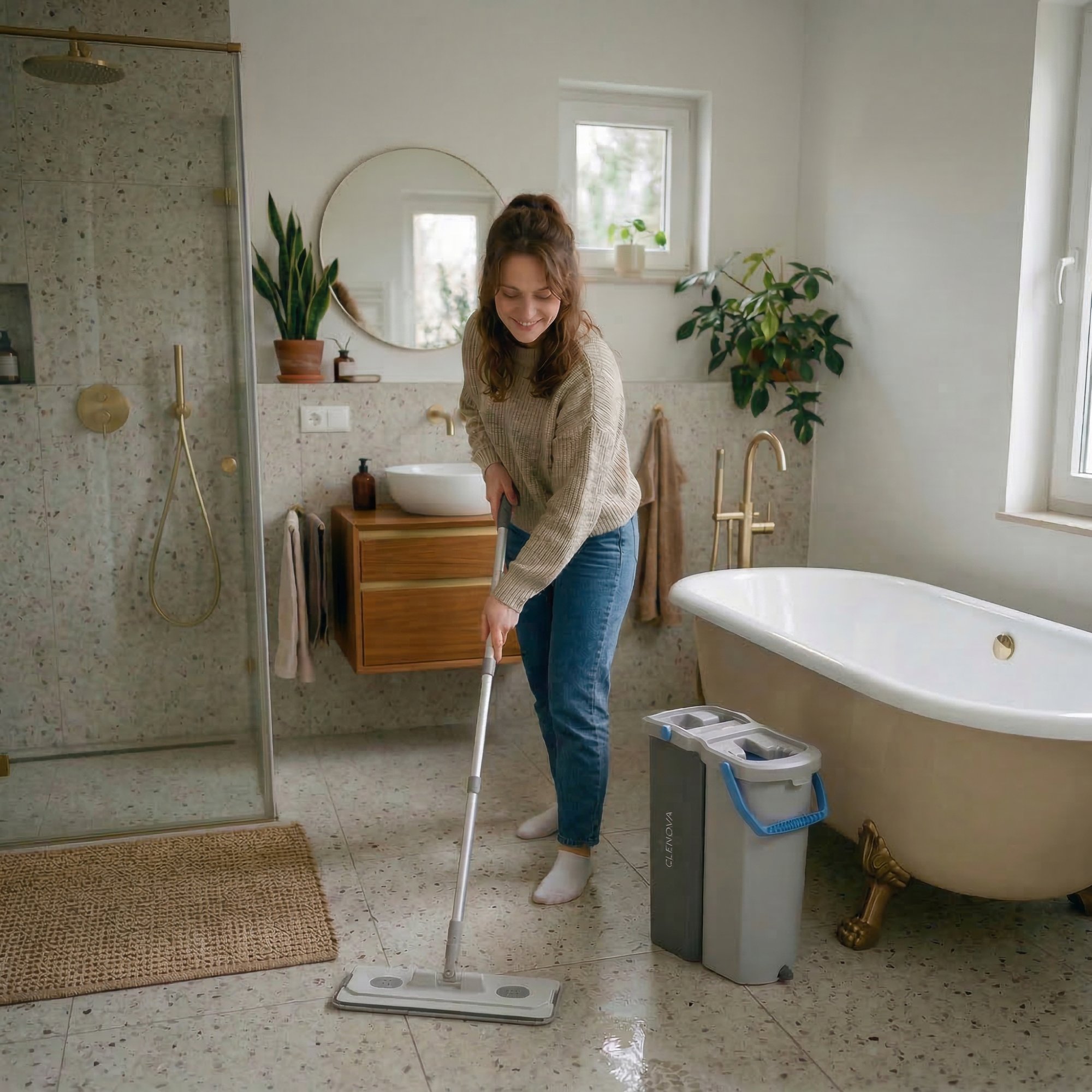 Evelin wischt mit dem Clenova XL Wischmopp Set das Badezimmer