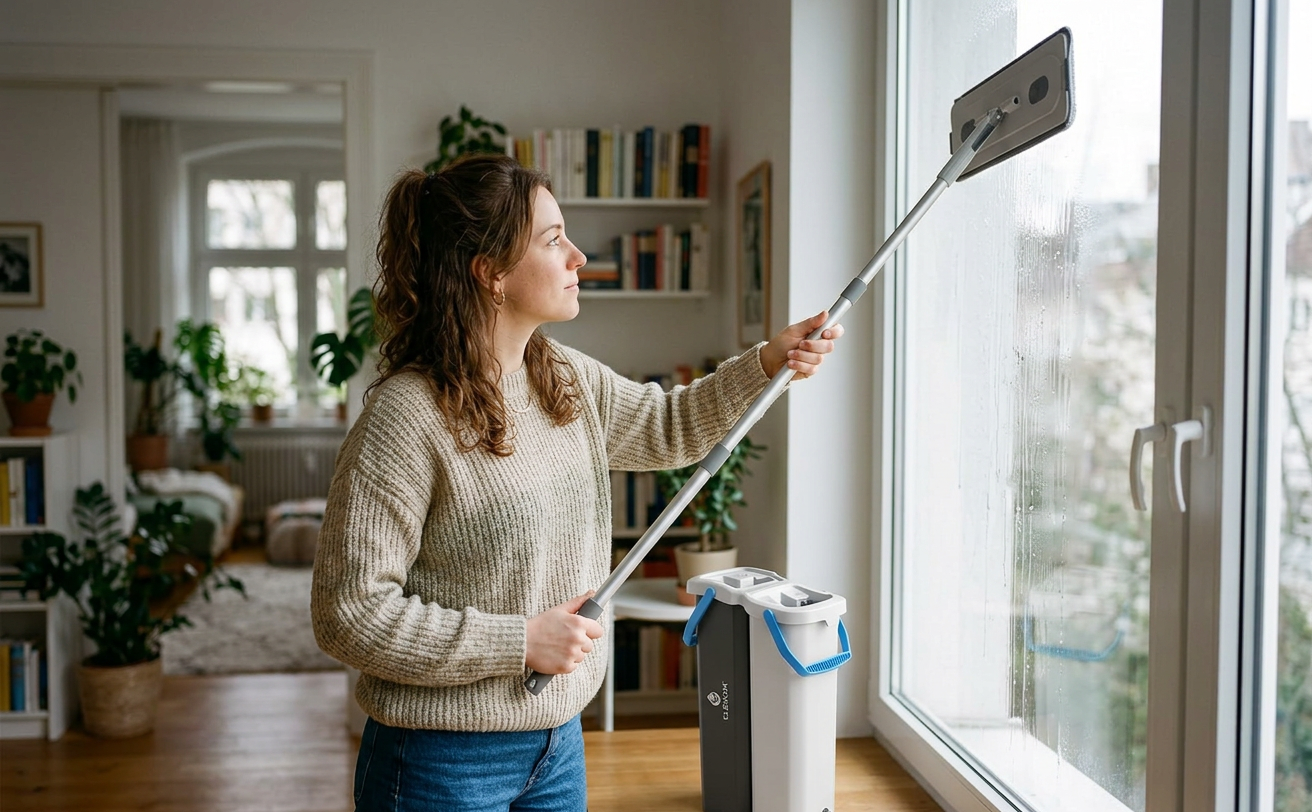 Clenova Fensterreinigung mit Mikrofaserpad