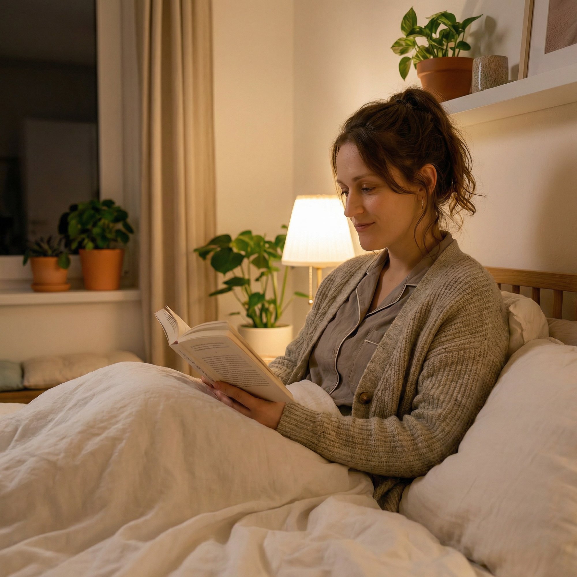 Evelin liest entspannt ein Buch im Bett — Nachttischlampe