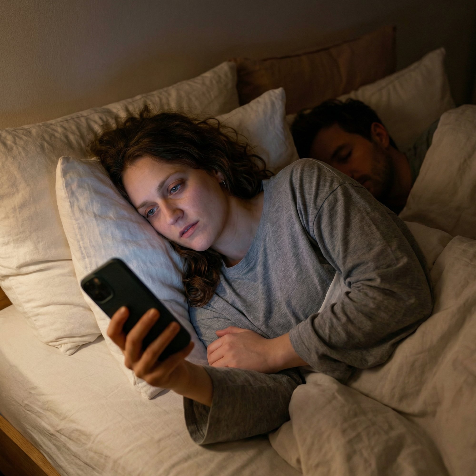 Evelin liegt wach im Bett, Jonas schläft — Handy leuchtet