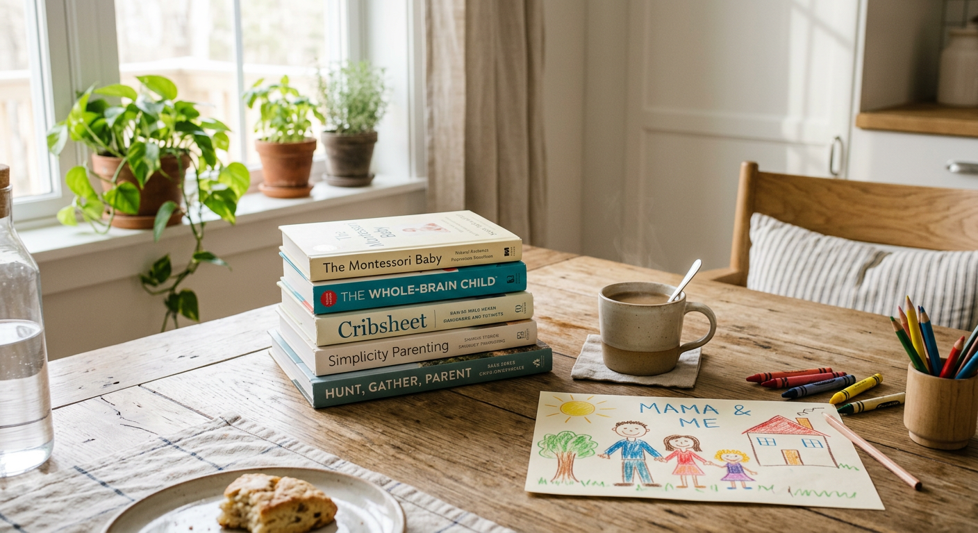 Elternratgeber, Kaffee und Kinderzeichnungen auf einem Küchentisch