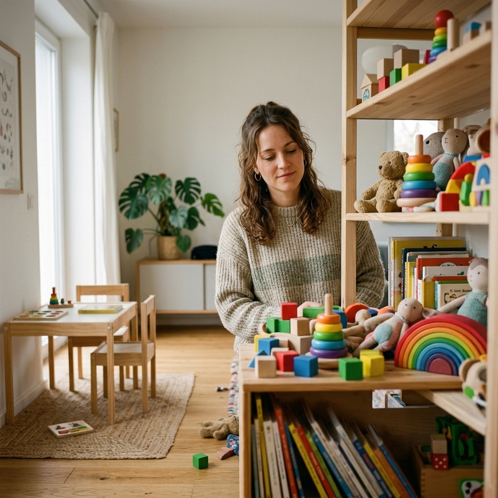 Evelin steht im Kinderzimmer zwischen vielen Spielsachen und einer ruhigen Spielecke