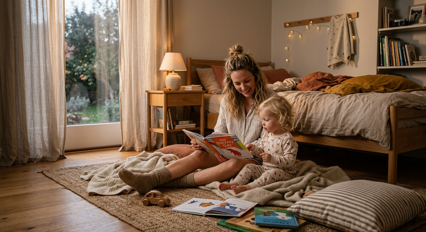 Elternteil liest mit Kleinkind entspannt ein Buch im Schlafzimmer