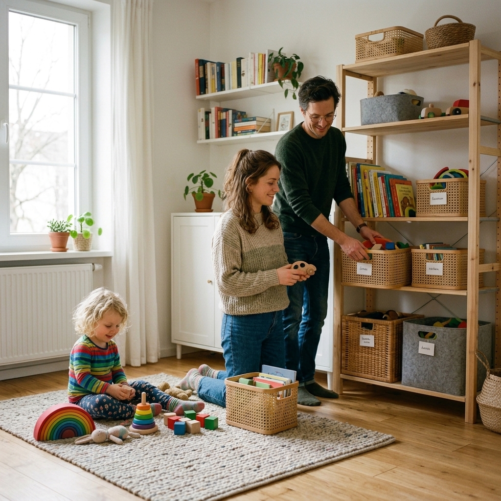 Evelin und Jonas räumen das Kinderzimmer um, während Lena mit einer kleinen Auswahl an Spielsachen zufrieden spielt