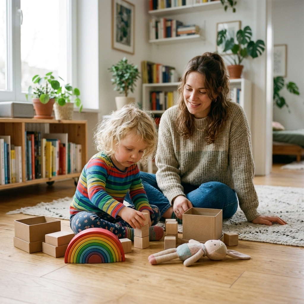 Evelin sitzt mit Lena auf dem Boden, während Lena mit wenigen einfachen Spielsachen konzentriert spielt