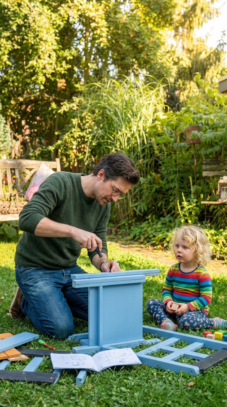Zwergenwald Matschküche beim Aufbau mit Vater und Tochter im Garten