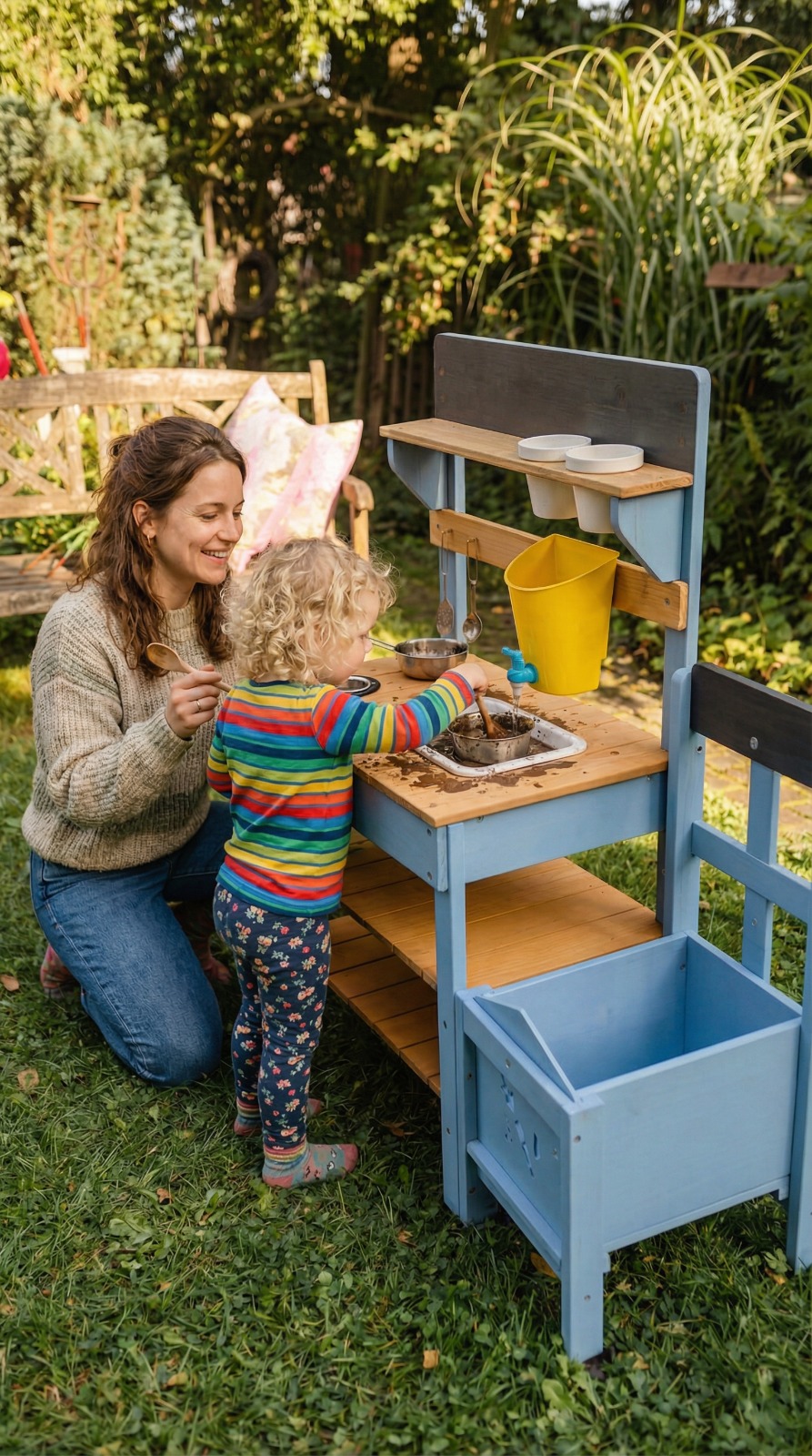 Evelin und Lena spielen mit der Zwergenwald Matschküche im Garten