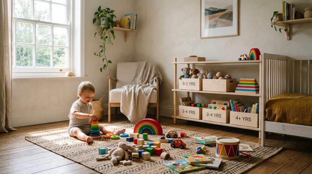 Kinderzimmer mit verschiedenen Spielsachen und beschrifteten Spielzeugkisten