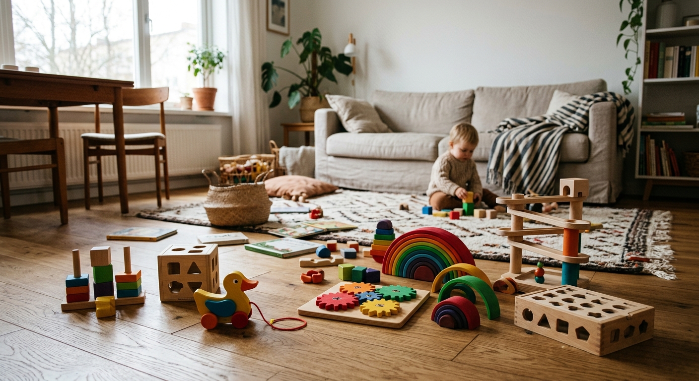 Verschiedene Kleinkind-Spielzeuge auf dem Wohnzimmerboden