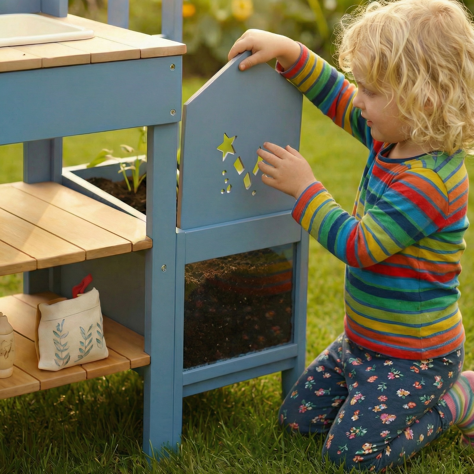 Lena öffnet das Sichtfenster am Pflanzkasten der Zwergenwald Matschküche