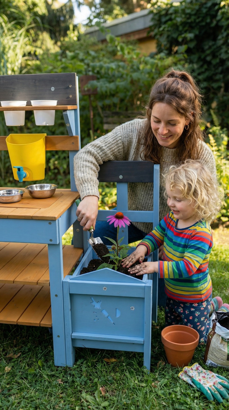 Evelin und Lena bepflanzen den Pflanzkasten der Zwergenwald Matschküche